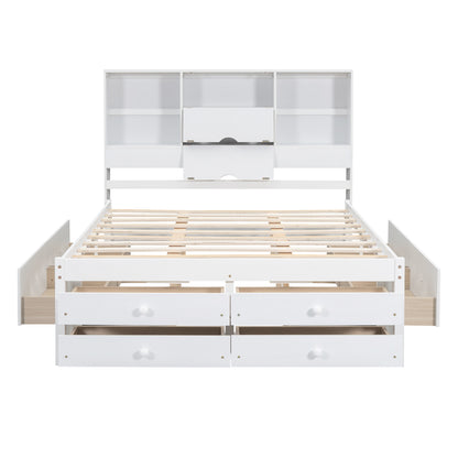 Queen Size Platform Bed with Storage Headboard and 8 Drawers, White