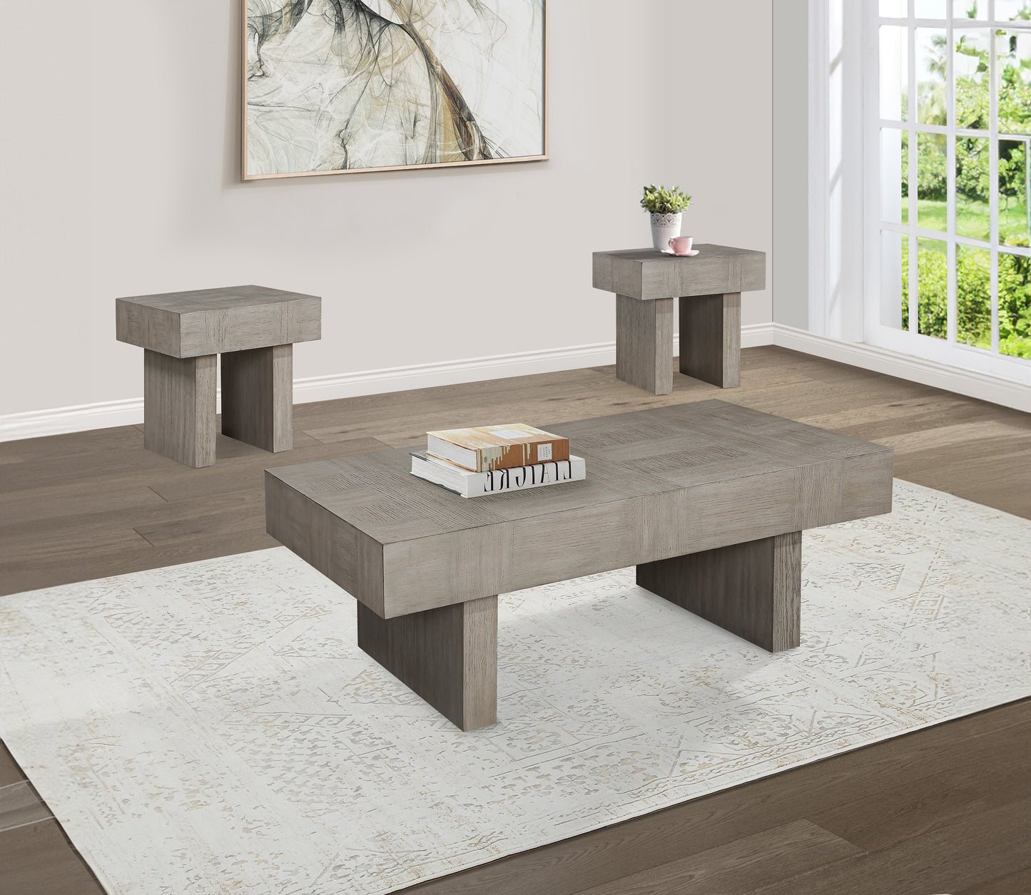3pc Contemporary Style Coffee Table 2x End Tables Brown Gray Finish Living Room Wooden Furniture