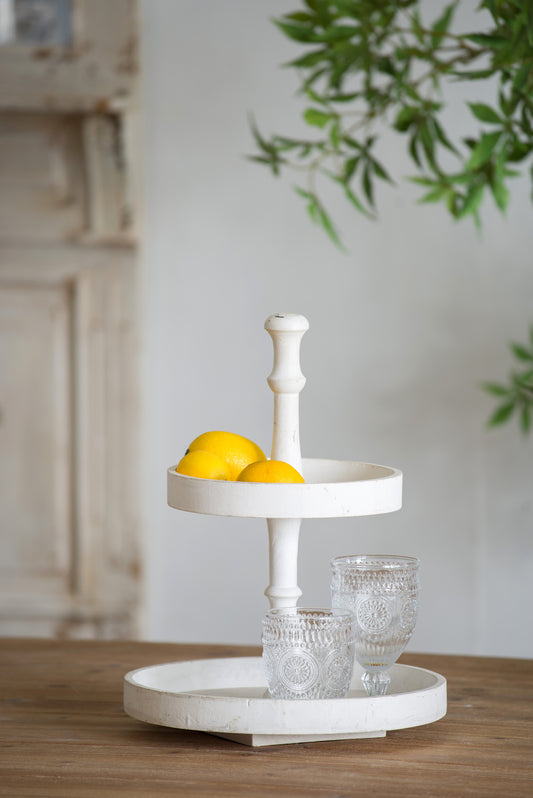 D11.8x15.4' Two-Tiered Round Wooden Tray, White