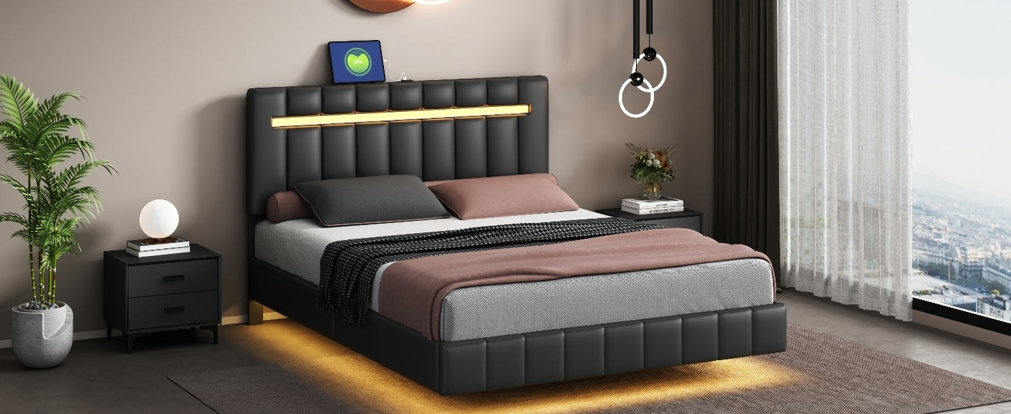 Queen Size Floating Bed Frame with LED Lights and USB Charging,Modern Upholstered Platform LED Bed Frame,Black