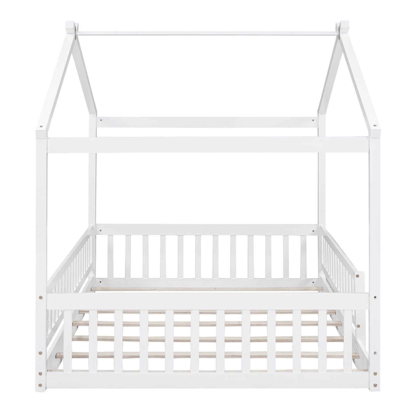 Full Size Wood Bed House Bed Frame with Fence, for Kids, Teens, Girls, Boys,White
