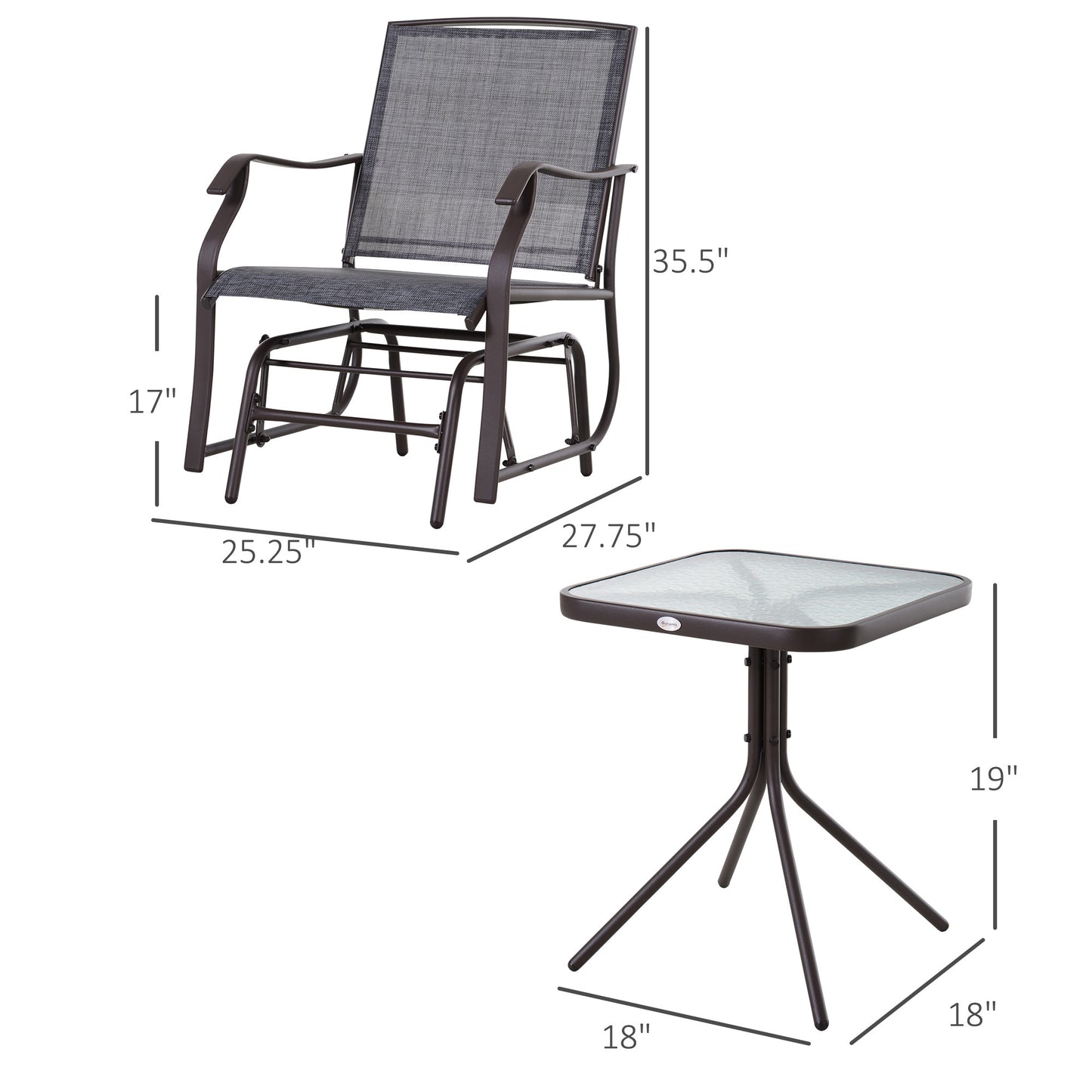 Outsunny 3 Piece Outdoor Glider Chair with Coffee Table Bistro Set, 2 Patio Rocking Swing Chairs with Breathable Sling Fabric, Glass Tabletop, for Backyard, Garden and Porch, Gray