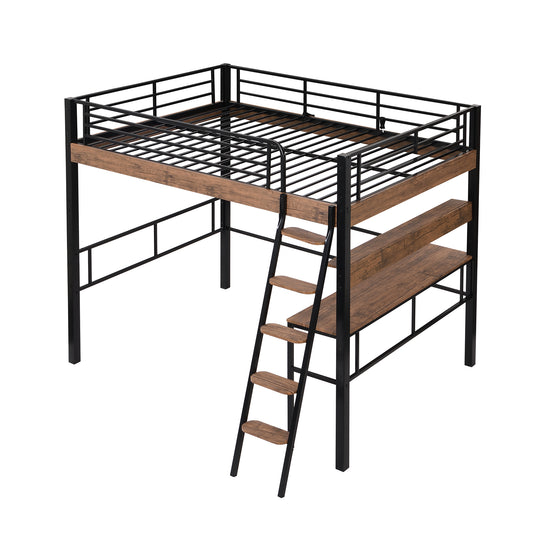 Metal Full Size Loft Bed with LED, Built-in Desk, Storage Shelf and Ladder, Black - Industrial Style Metal Frame with Pine Wood & MDF Accents