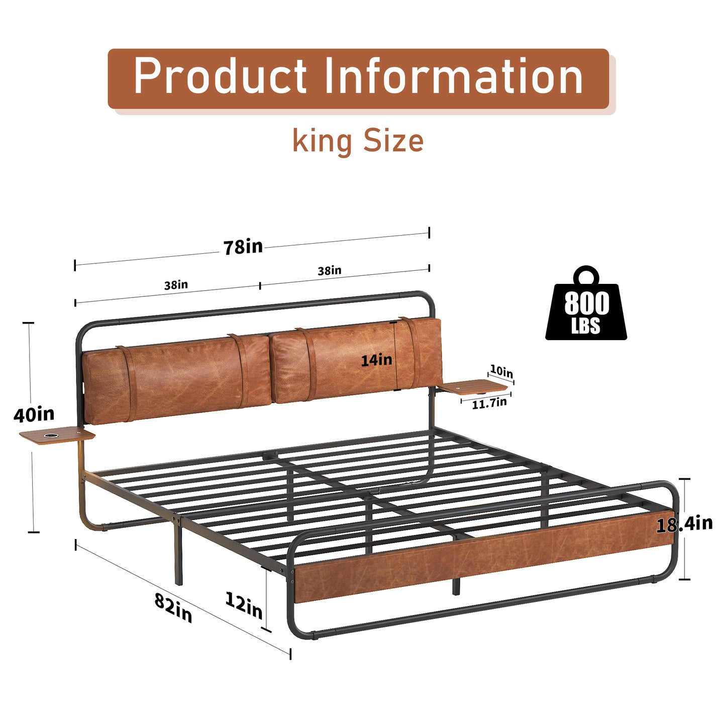 King Size Metal Bed Frame with Upholstered Headboard,  with wireless charging and USB A & USB C, Touch LED light,Oval-Shaped Platform Bed with Under-Bed Storage, No Box Spring Needed, Vintage Brown