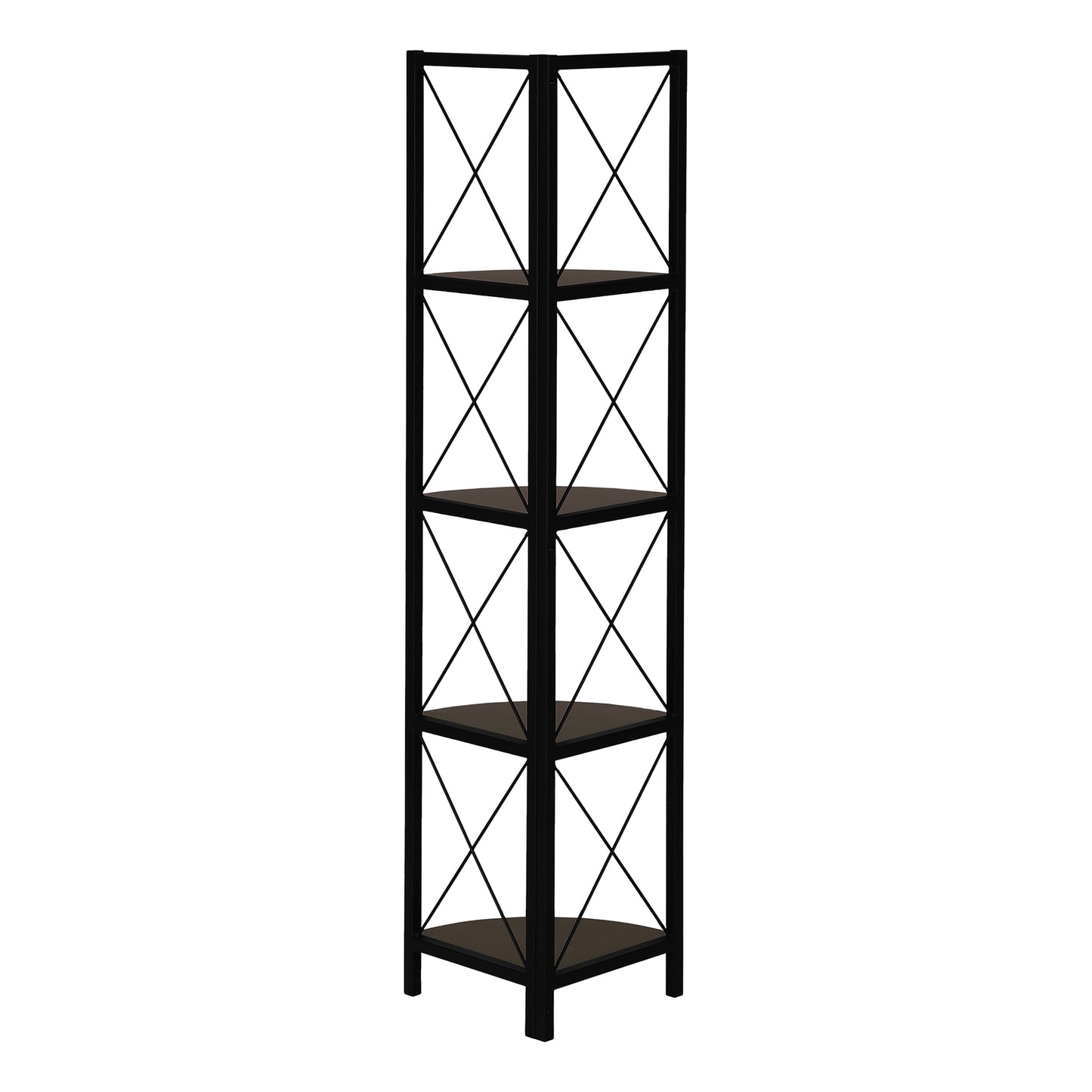 Bookshelf, Bookcase, Etagere, Corner, 4 Tier, 60"h, Office, Bedroom, Brown Laminate, Black Metal, Contemporary, Modern