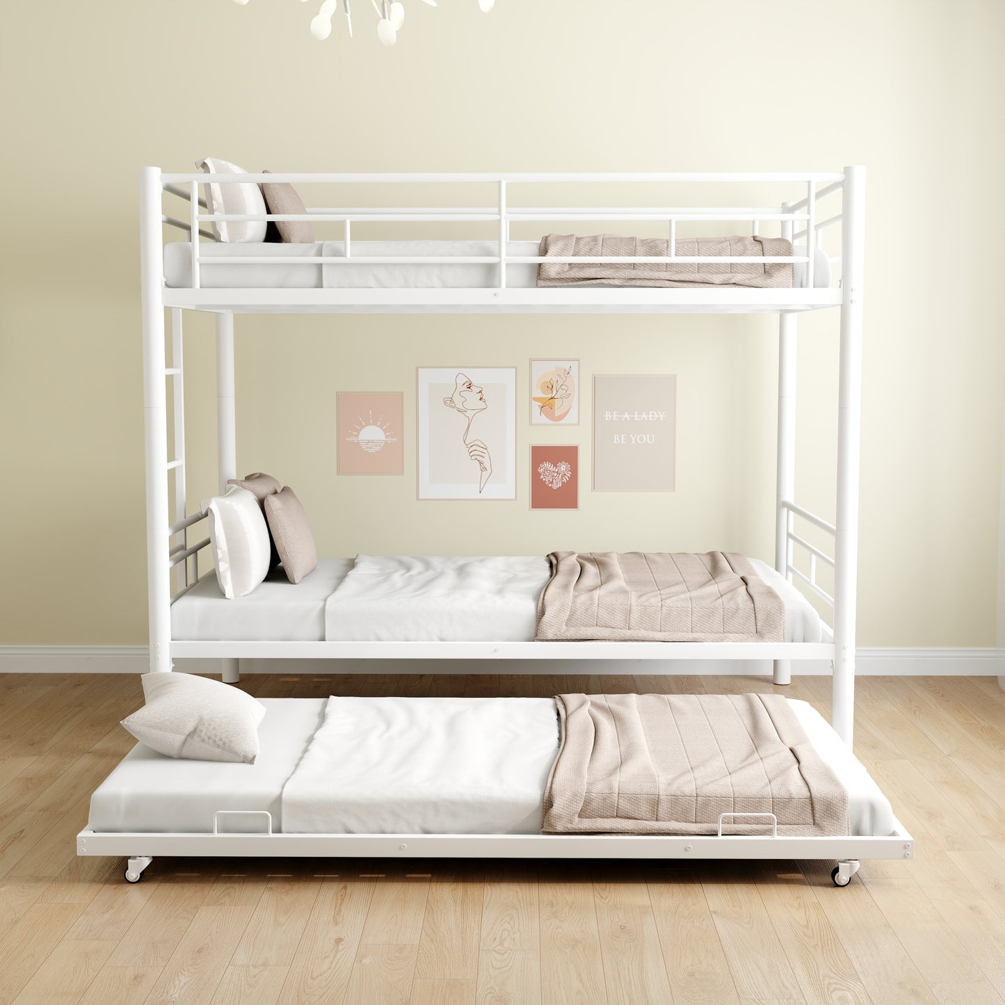 Heavy-duty Sturdy Meta Twin over Twin with Trundle Bunk Bed/l/ Noise Reduced/ Safety Guardrail/No Box Spring Needed,White