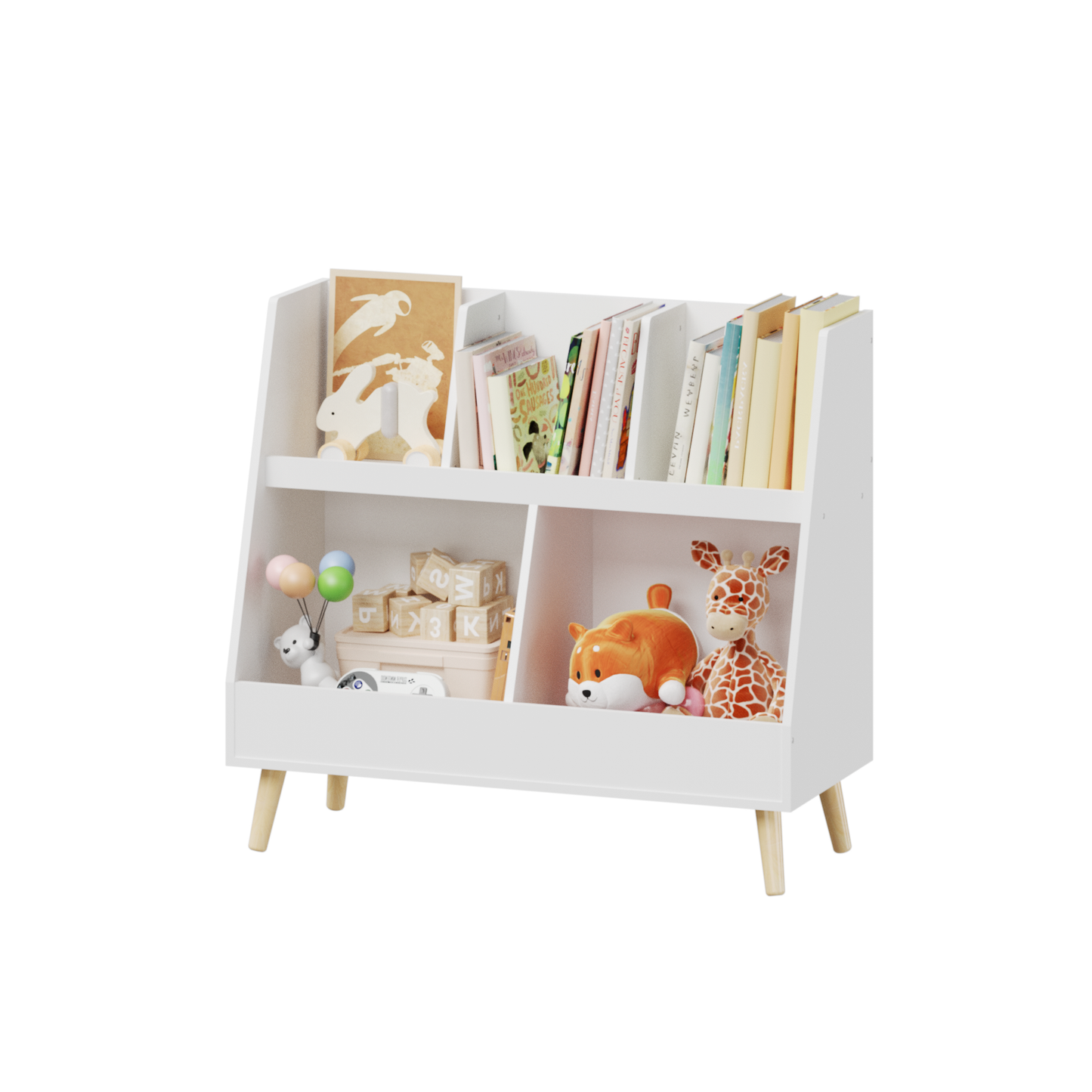 Kids Bookshelf and Toy Organizer, 5 Cubbies Wooden Open Bookcase, 2-Tier Baby Storage Display Organizer with Legs, Free Standing for Playing Room, Bedroom, Nursery, Classroom, White