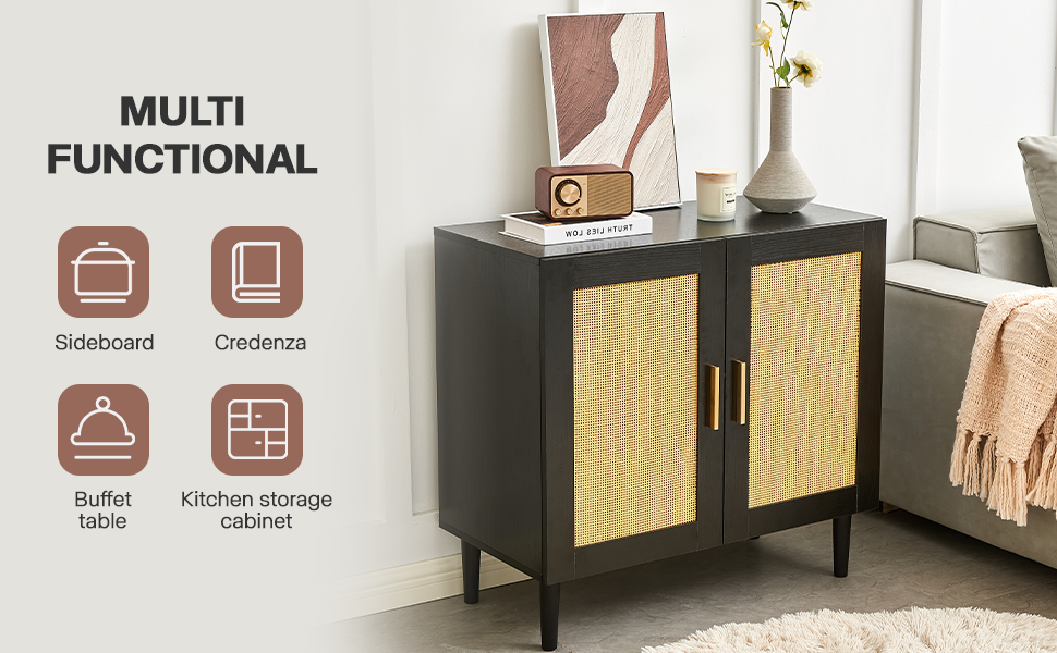 Side panel buffet cabinet with natural rattan door, rattan storage cabinet with adjustable shelves, side panel and buffet with storage space, modern console cabinet in bedroom and living room