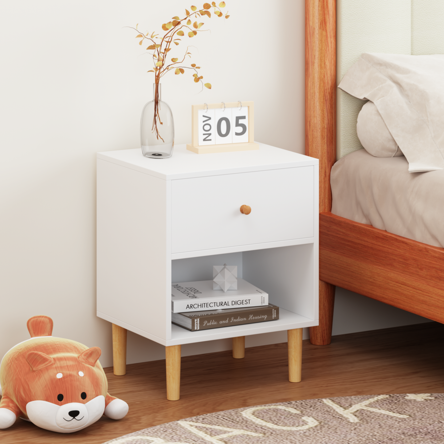 23.22''H Wooden Nightstand with One Drawer One Shelf for Kids, Adults, White