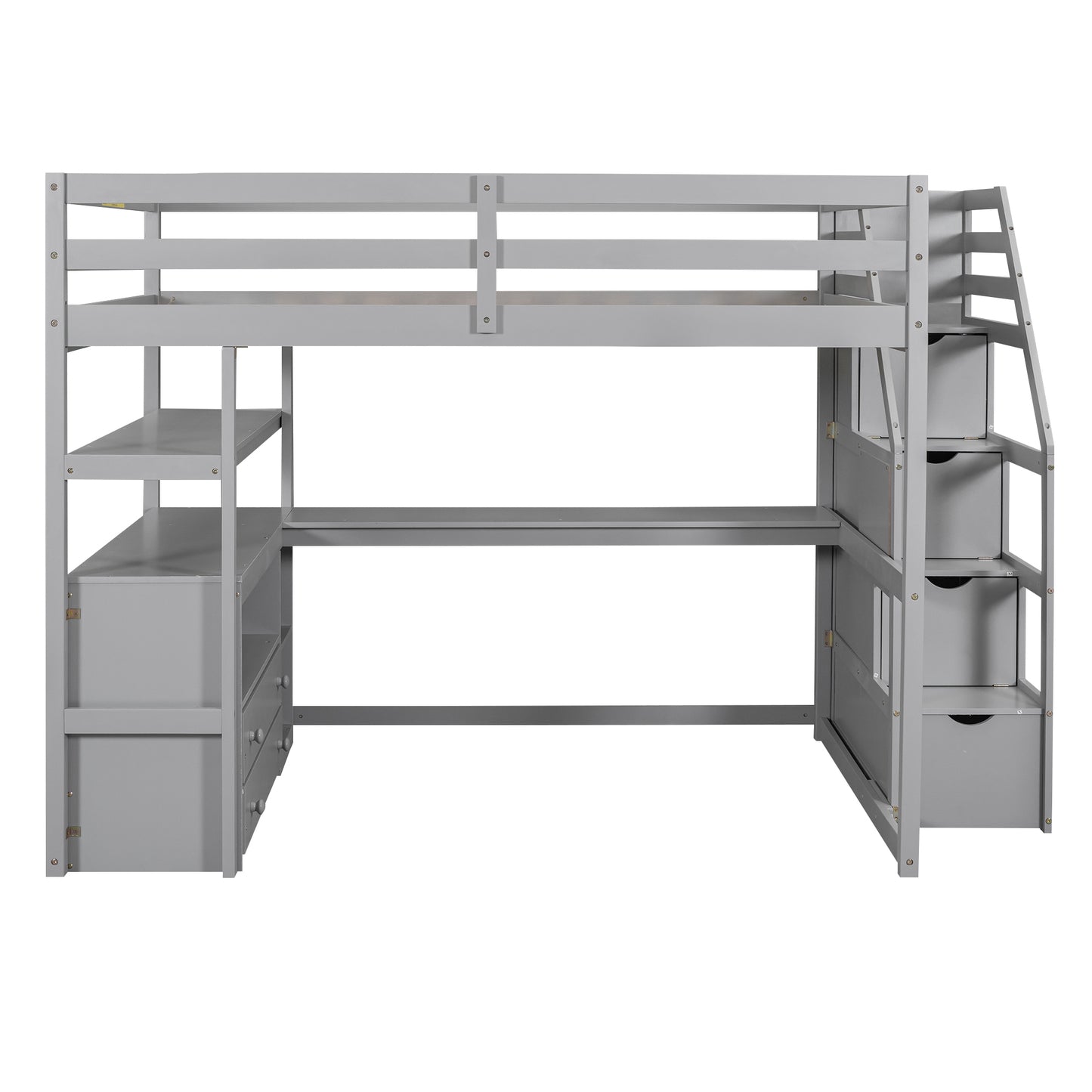 Gray Full Size Loft Bed with Desk, Shelves, Two Drawers, Storage Staircase, Solid Pine Wood