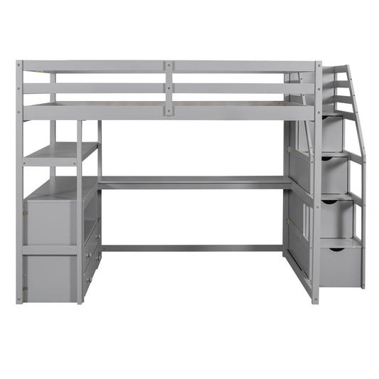 Gray Full Size Loft Bed with Desk, Shelves, Two Drawers, Storage Staircase, Solid Pine Wood