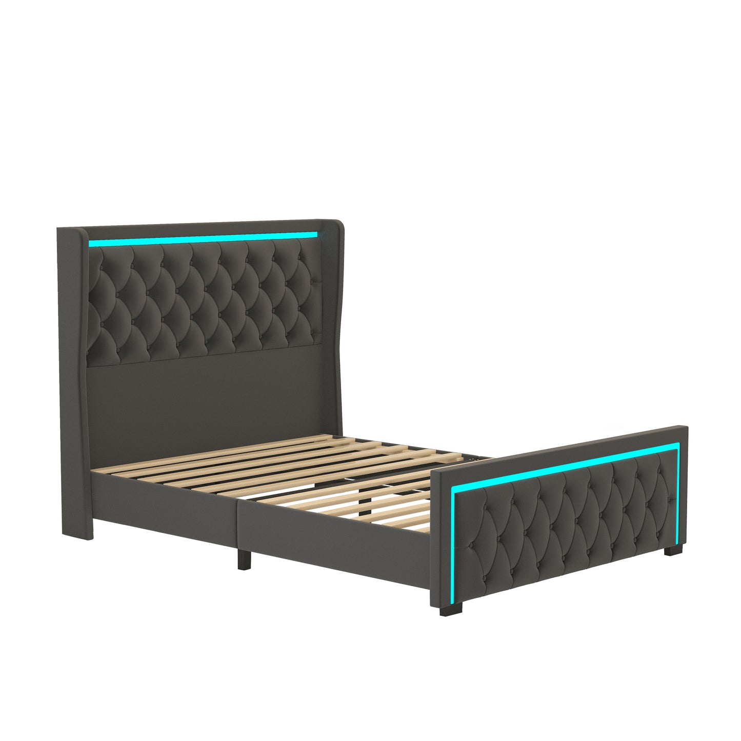 Queen Platform Bed Frame With High headboard, Velvet Upholstered Bed with Deep Tufted Buttons, Adjustable Colorful LED Light Decorative Headboard, Wide Wingbacks,BLACK