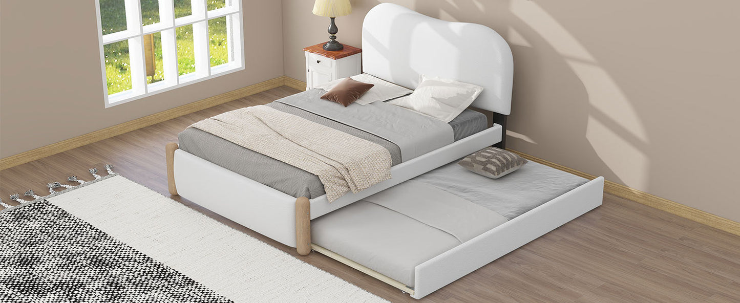 Twin Size Upholstered Platform Bed with Wood Supporting Feet and Twin Size Trundle, White