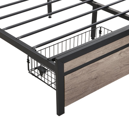 Queen Size  Metal Platform Bed Frame with upholstery storage function Headboard   and USB LINER  and Footboard with drawers , No Box Spring Needed, Large Under Bed Storage, Easy Assemble