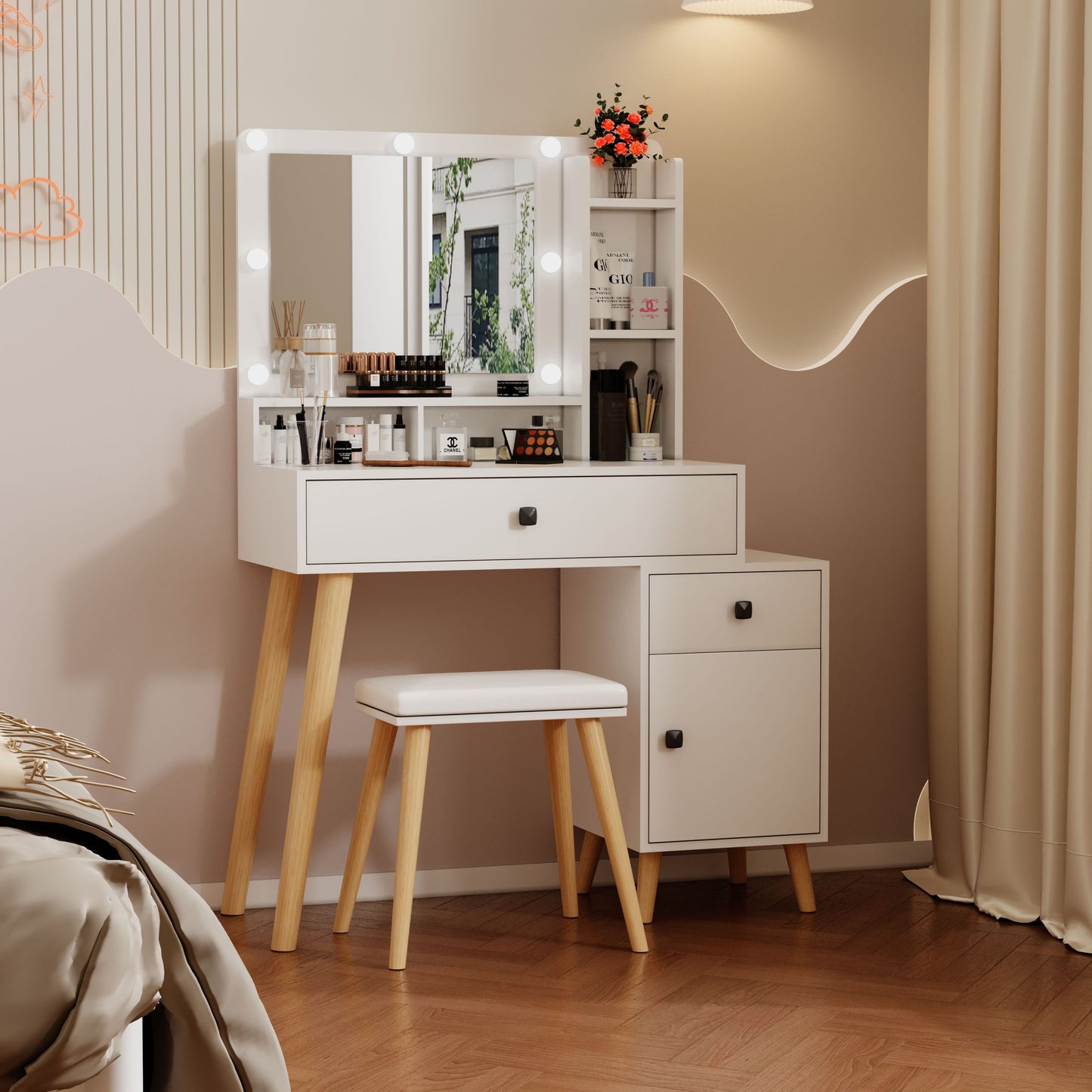 Dressing Table with Hollywood LED Mirror, Light Adjustable Brightness, Dressing Table, Padded Stool Set, White, Wooden Cosmetic Table with Drawer and Storage Cabinet