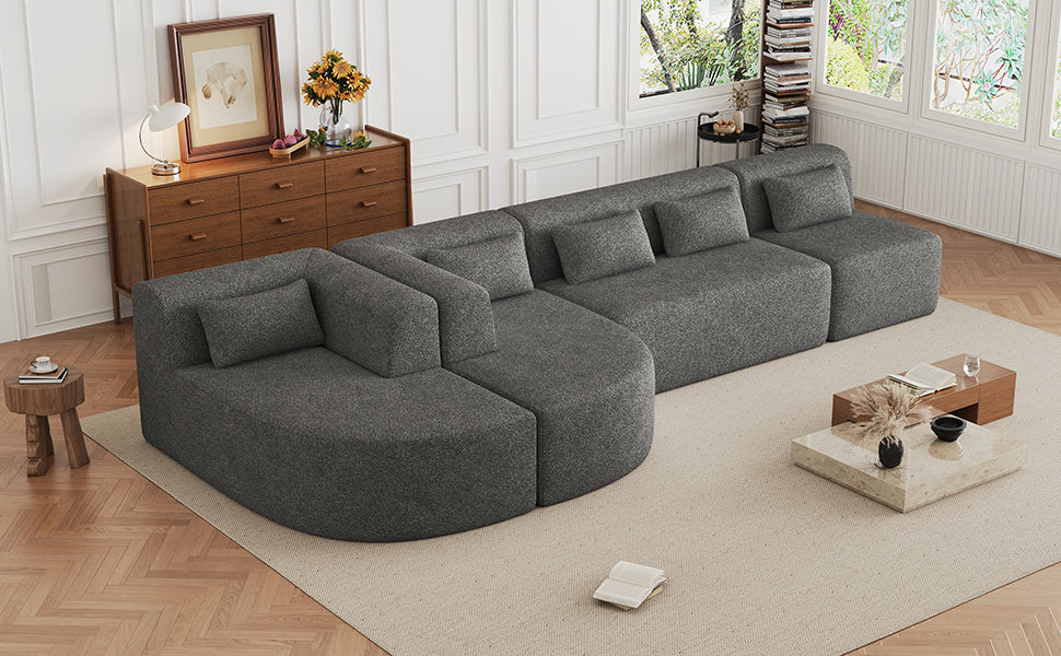 143.7" Upholstered Sofa Free-combined Sofa Couch with Two Chaise Lounge and Five Back Pillows for Living Room, Light Gray