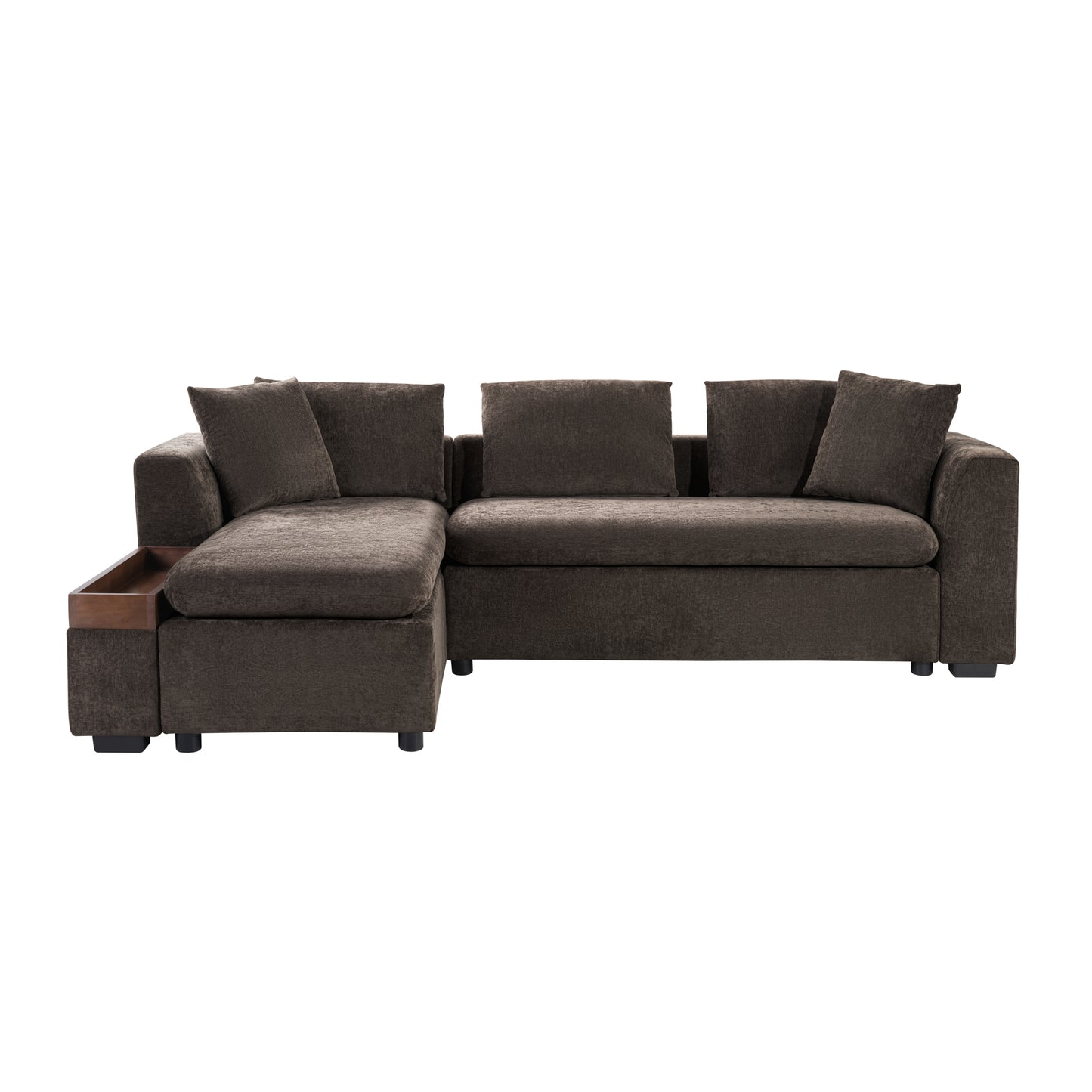 Elegant L-Shaped Sectional Sofa with Chenille Upholstery and Wooden Storage Compartment, Brown