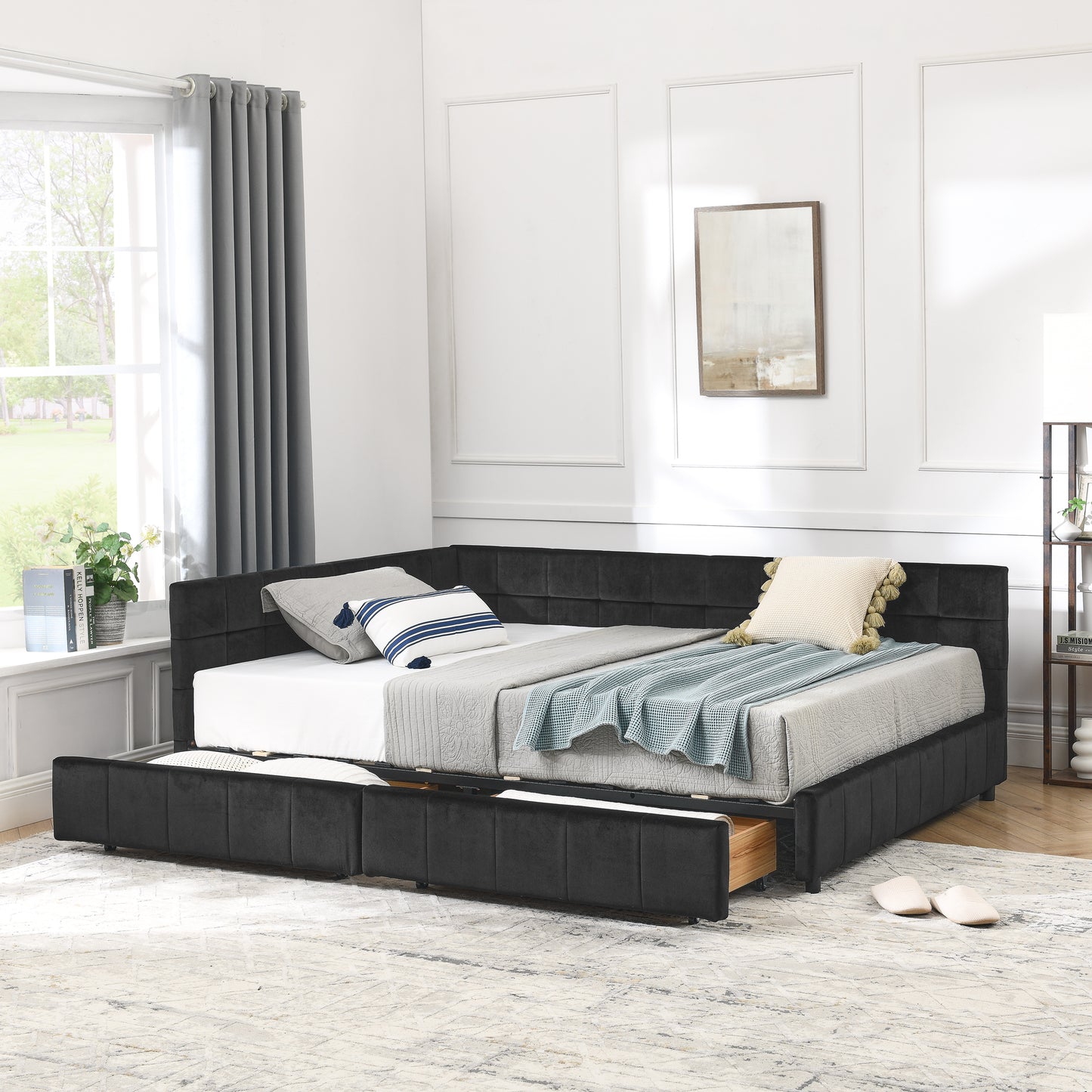 Full Size Storage Upholstered Tufted Bed Frame, Sofa Bed Frame with Comfortable Backrest and Armrests, Full Size Bed for Bedroom, Living Room,Velvet, BLACK(80.5''*59''*29.5'')