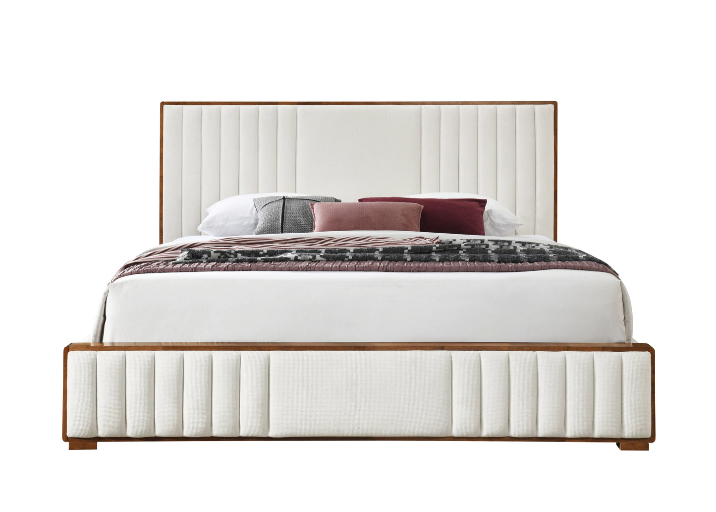 Kaleea Beige Chenille & Walnut Finish Queen Bed