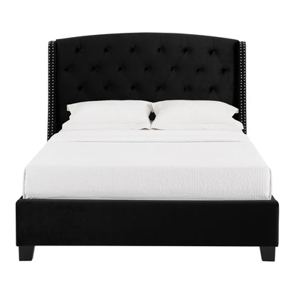 Summit Wingback Tufted Upholstered Bed with Nailhead, Queen size, Black