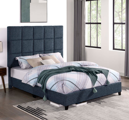 Queen Size Navy Blue Denim Squares Upholstered Platform Bed