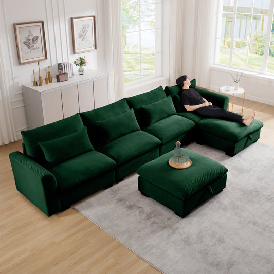 Big Deep Seat U-Shaped Corduroy Sectional Couches for Living Room, 4 Seater Sofa Couch with 2 Storage Footstool and 4 Waist Pillows (Corduroy, Green)