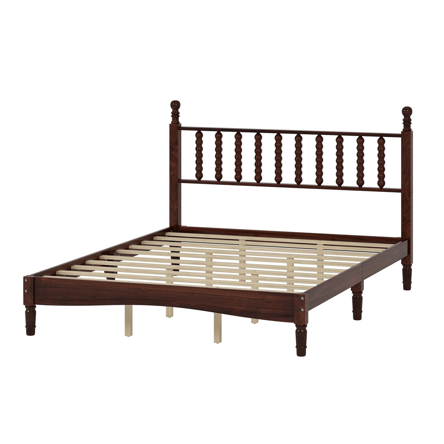 Queen Size Wood Platform Bed with Gourd Shaped Headboard,Retro Style Platform Bed with Wooden Slat Support,Walnut