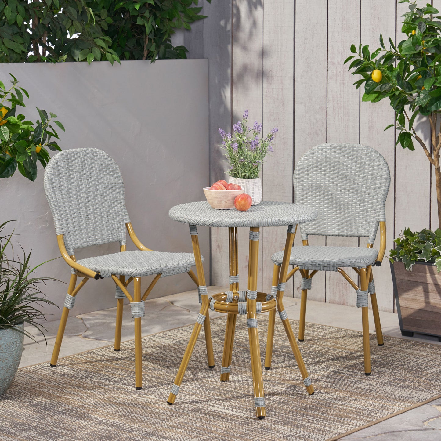 Outdoor Aluminum Armless French Bistro Set, 3-Piece, Gray and Bamboo Finish