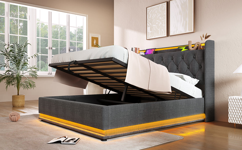 Full size Upholstered bed, 360 surround LED function, Buttons/Apps/Remote Control, hydraulic storage bed with USB Type-C charging, Gray,Linen (Without mattress)