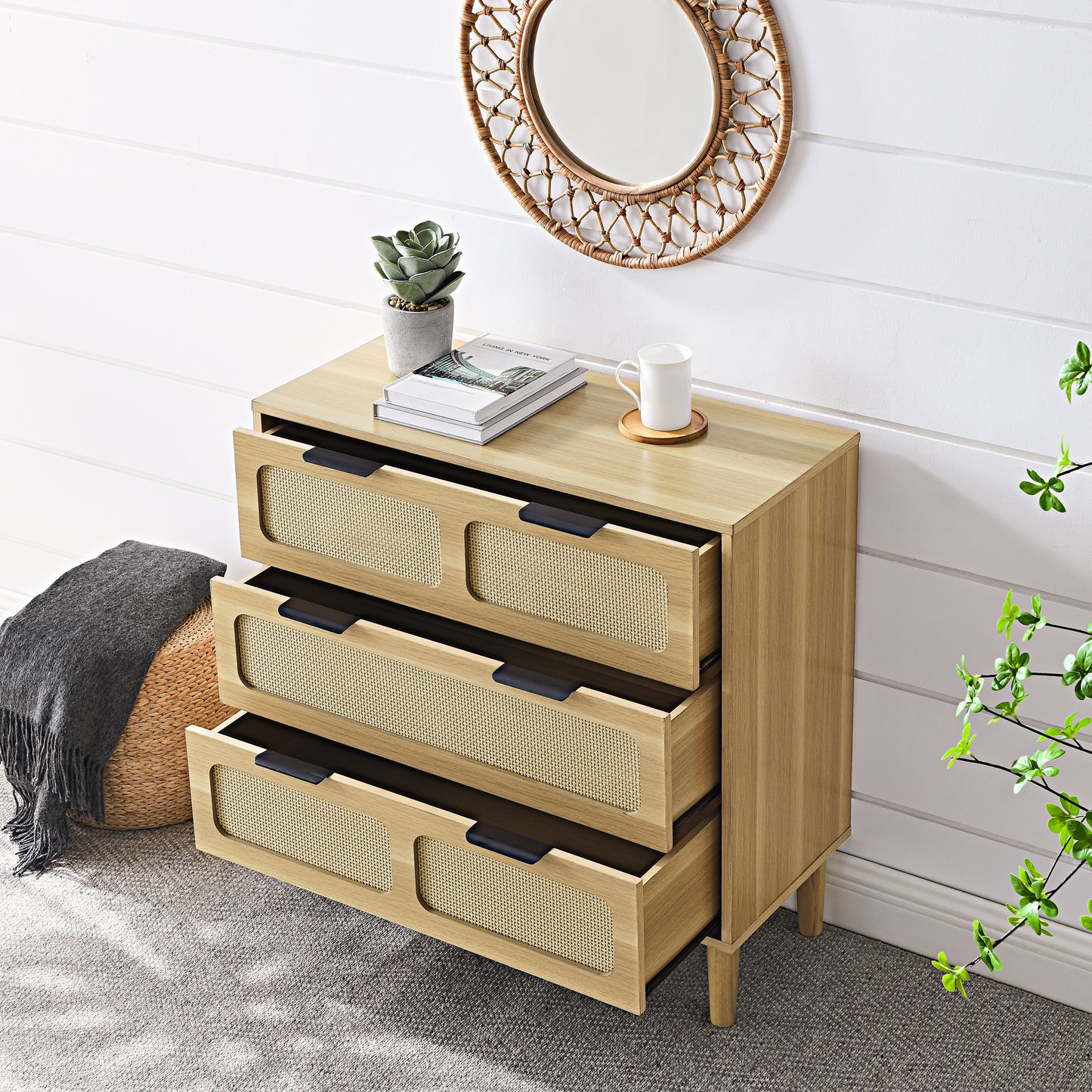 3 drawer dresser, modern rattan dresser cabinet with wide drawers and metal handles, farmhouse wooden storage chest of drawers for room, living room, hallway, entrance, office