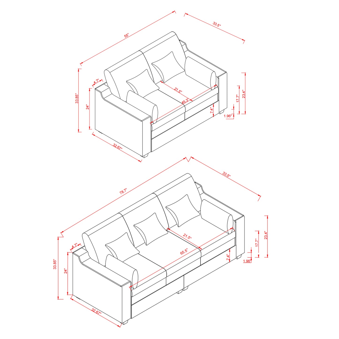 2 Pieces Sofa Couch 3-Seater and Loveseat with Pillows Polyester Upholstered Duck Down Filled Cushion Sofa Set for Living Room Apartment,Beige