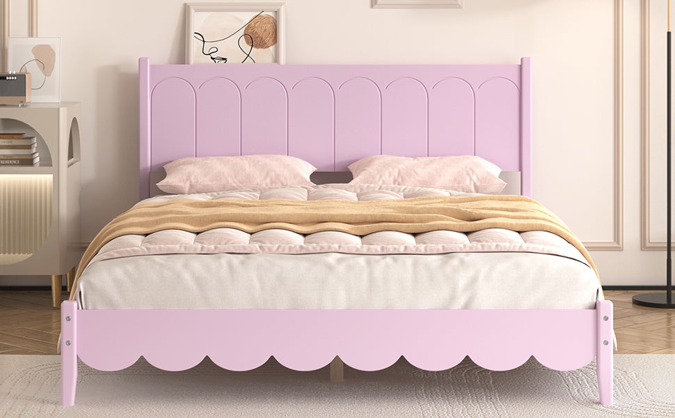 Queen Size Wood Platform Bed Frame, Retro Style  Bed with Rectangular Headboard,No Need Box Spring,Pink