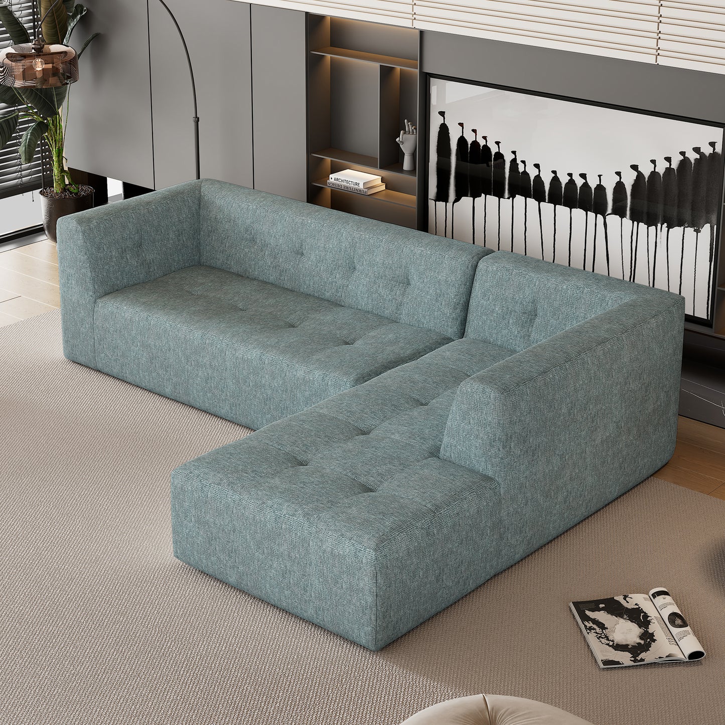 112.2*74" Modular Modular Combination Living Room Sofa Set, Modern Minimalist Sofa, Living Room Upholstered Sofa Bed, Bedroom, 2pcs Computer Free Combination, L-Shaped,Blue Gray