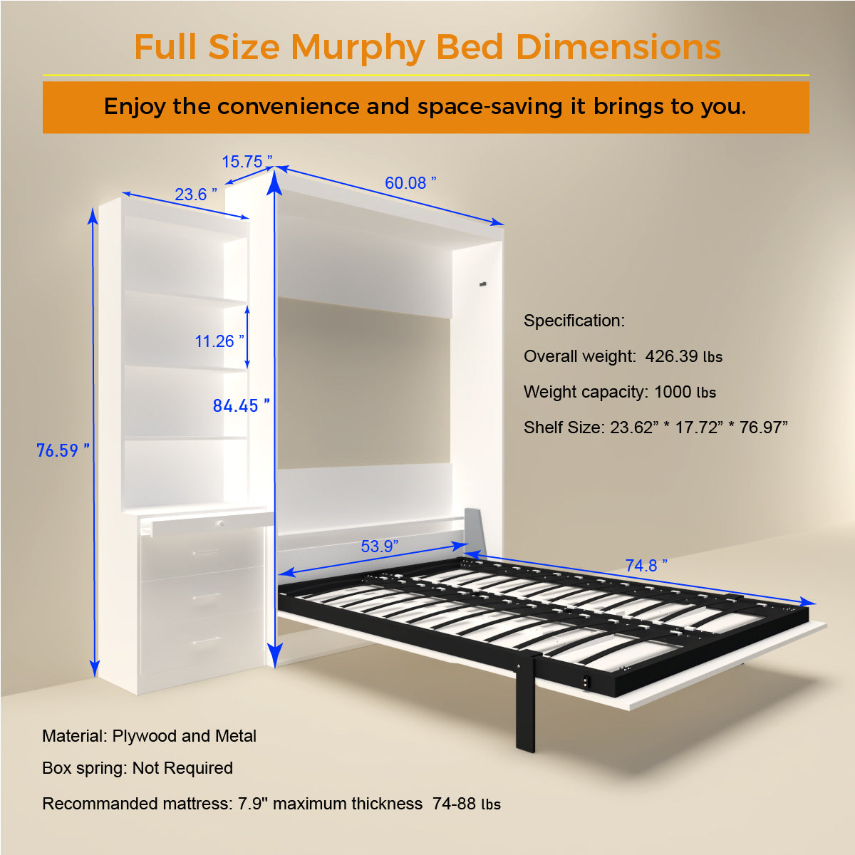 Full Size Vertical Murphy Bed with Shelf and Drawers for Bedroom or Guestroom White Wall Bed Space Saving Hidden Bed, updated Gas Strut design.