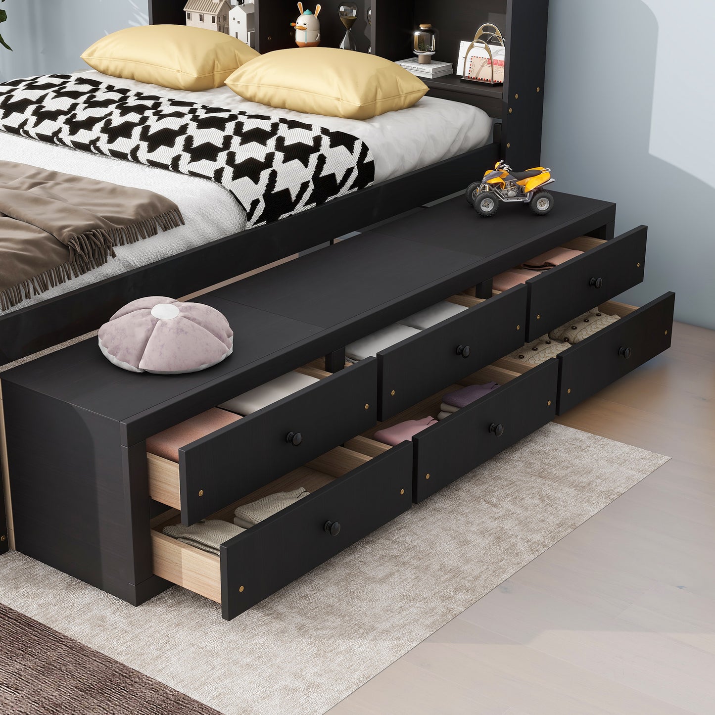 Full Bed with Bookcase Headboard, Under bed Storage Drawers and Bed End Storage Case,Espresso