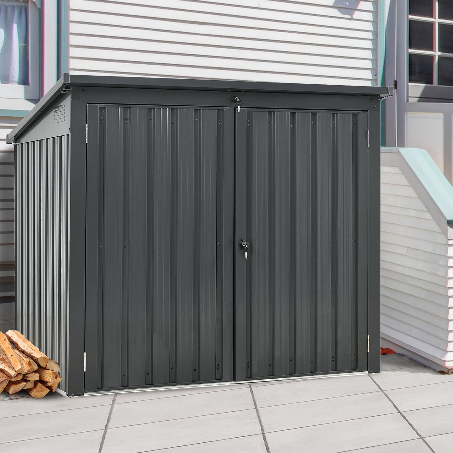 Garbage Bin Shed Stores 2 Trash Cans Metal Outdoor Bin Shed for Garbage Storage,Stainless Galvanized Steel, Bin Shed for Garden Yard Lawn, Black