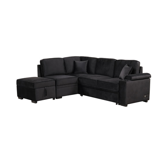 Modern Velvet Sleeper Sofa Bed with Storage Ottoman, Black, 84.75' L Shape