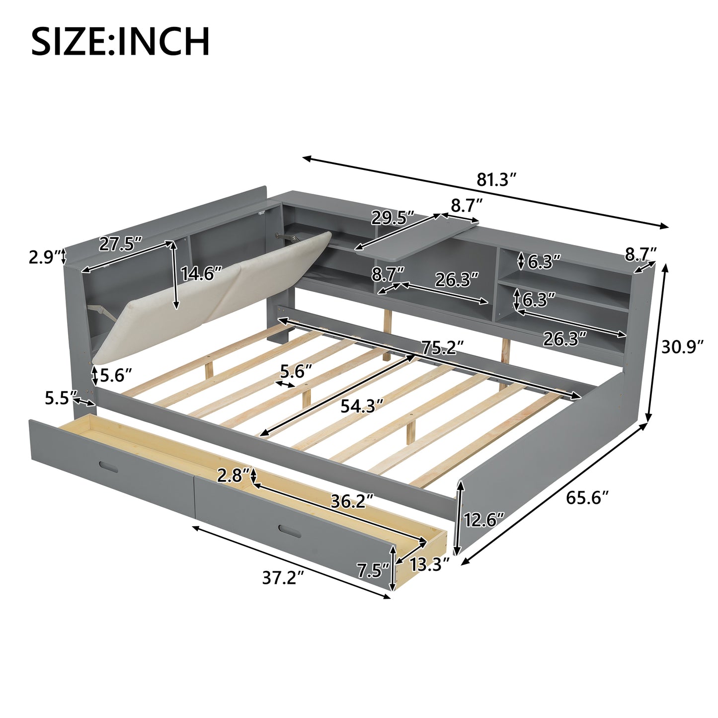 Wood Full Size platform bed with Storage Headboard, Shelves and 2 Drawers, Gray