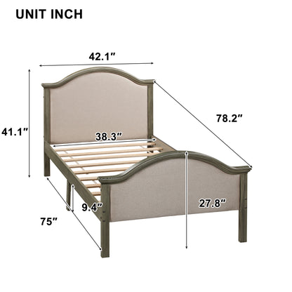 Twin Size Bed Frame with Headboard and Footboard, Upholstered Twin Platform Bed with Strong Wooden Slats Support,Grey