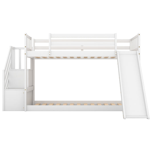 White Twin over Twin Bunk Bed with Convertible Slide and Stairway, Pine Wood and MDF, 92.8''L x 42.3''W x 50.6''H