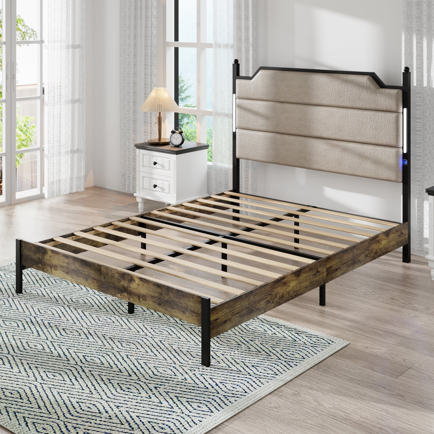 Queen Size Bed Frame with Upholstered Headboard , Queen Bed Frame with Charging Station and LED Lights, Wood Slats, Easy Assembly,No Box Spring Needed,Industrial Brown