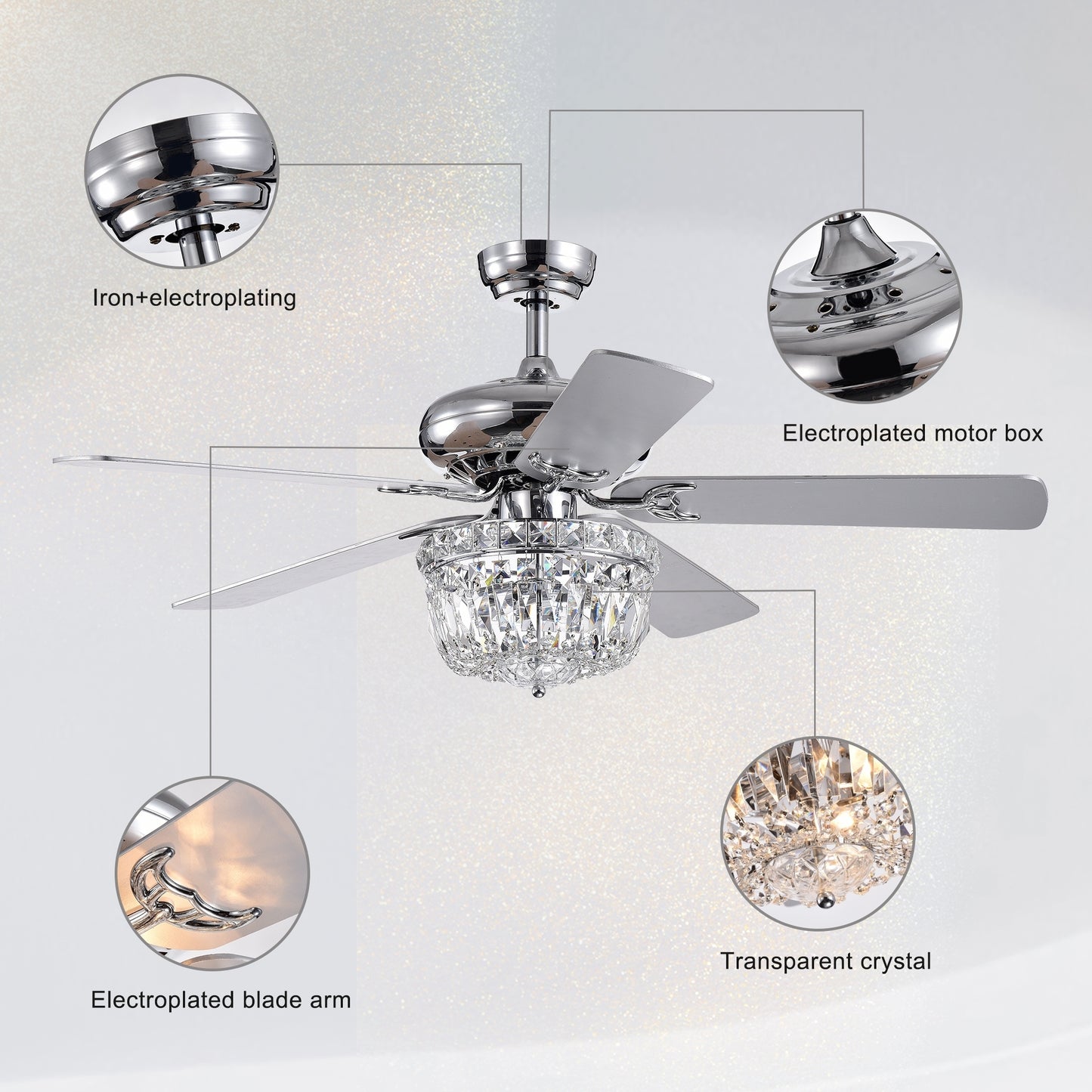 52 Inch Crystal Chandelier Fan  Dual Finish Reversible Blades, Fandelier,Ceiling Fan With Remote Control 3 Speed (Low,Mid,High) for Living Room, Dining Room, Bedroom, Family Room, Chrome