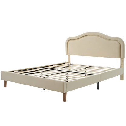 Queen Size Velvet Upholstered Smart LED Bed Frame with Adjustable Height Headboard,No Box Spring Needed,Easy Assembly,Beige