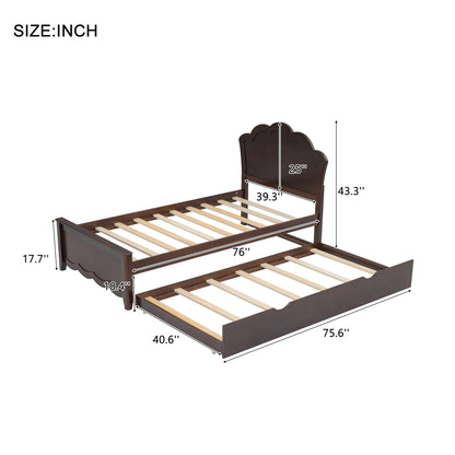 Twin Size Wood Platform Bed with Headboard and Twin Size Trundle, Cappuccino