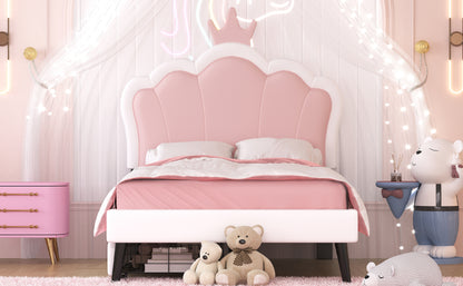 Twin Size Upholstered Princess Bed With Crown Headboard and 2 Drawers,Twin  Size Platform Bed with Headboard and Footboard, Pink+White