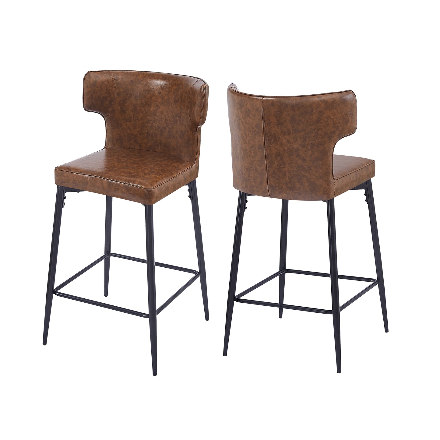 28inch Counter Height Bar Stools Set of 2, Modern Bar Upholstered Chairs with PU Leather, Metal Footrest and Frame for Kitchen Island, Bar Table, Dining Room, Brown