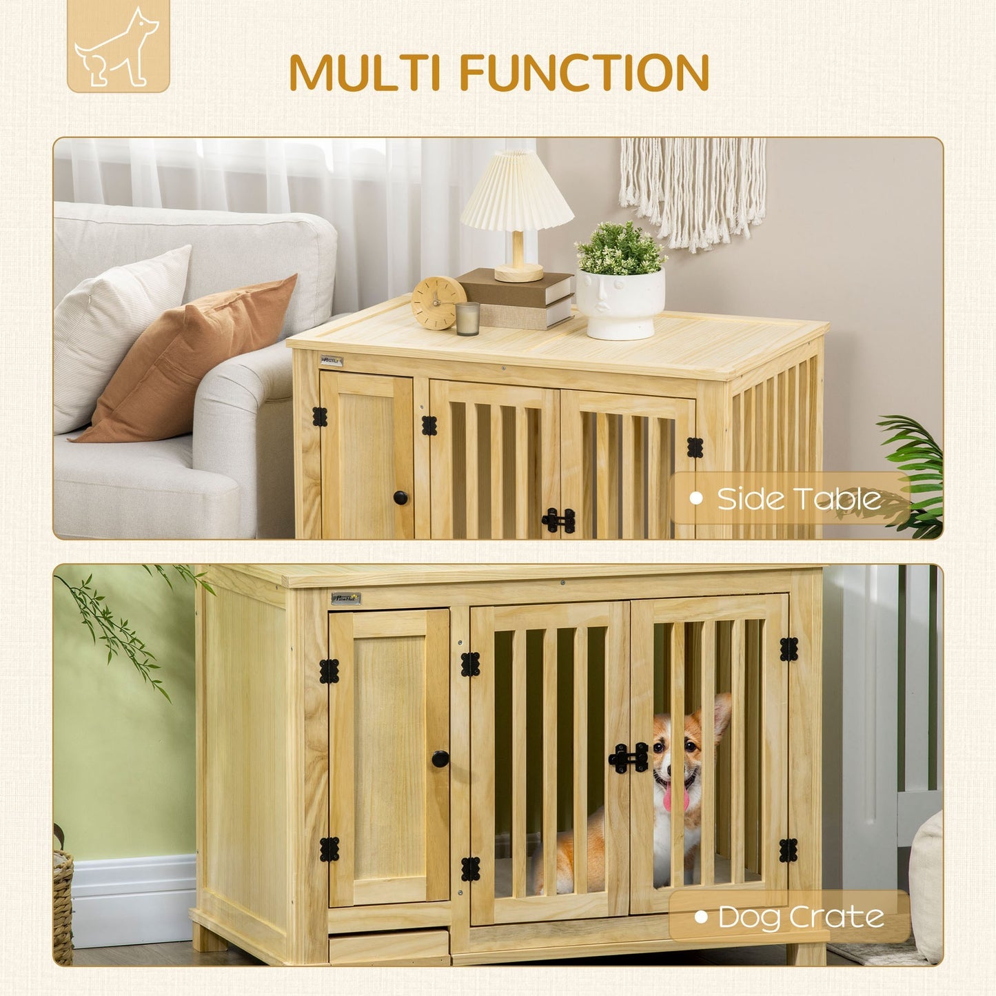 PawHut Wood Dog Crate Furniture with Hidden Food Bowl in Drawer, Dog Crate End Table with Cushion, Double Doors, for Small Dogs Indoor Use, Natural