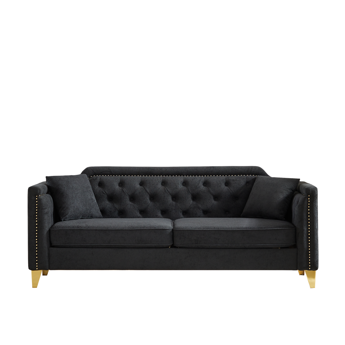 FX81"Mid-century design modern sofa,Chenille Pull Buckle Design Sofa for Living Room,Buttons Tufted With Copper Nail Decoration Armrest, with 2 Pillows,Modern Couch Upholstered Button And Metal Legs