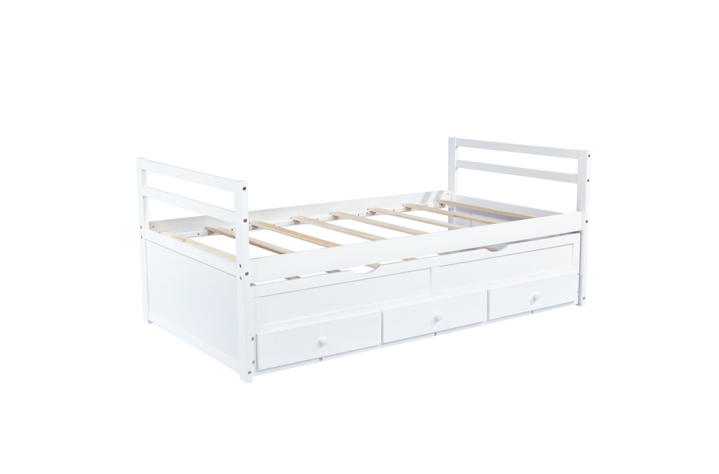 Twin Size Bed with Headboard, Footboard, Trundle and Three Storage Drawers, Twin Size Pine Wood Bed with Headboard, Footboard,White