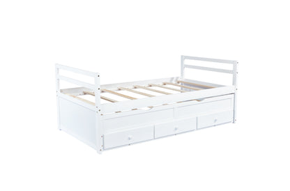 Twin Size Bed with Headboard, Footboard, Trundle and Three Storage Drawers, Twin Size Pine Wood Bed with Headboard, Footboard,White